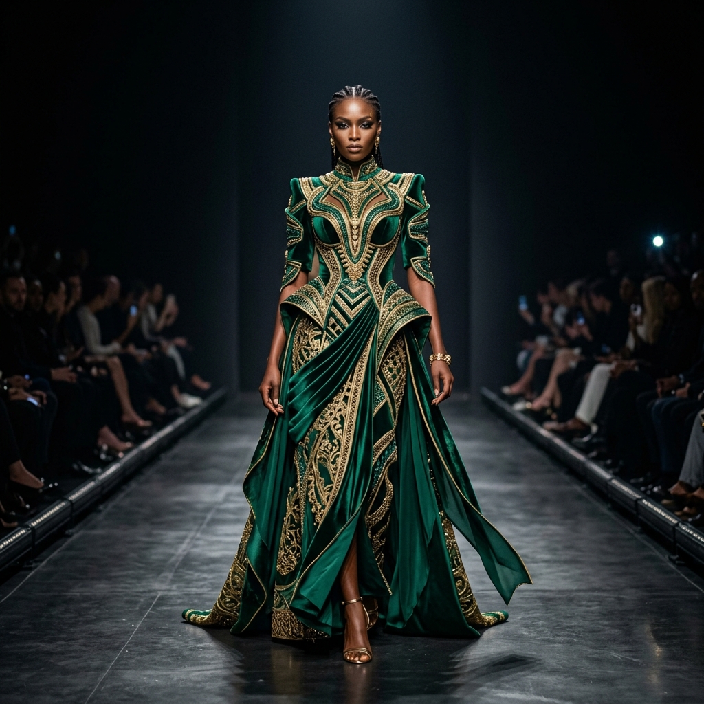 African model in emerald and gold avant-garde garment on runway