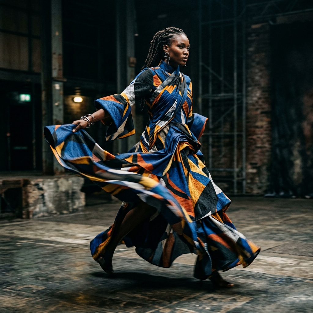 Model in geometric print dress capturing motion on dark set