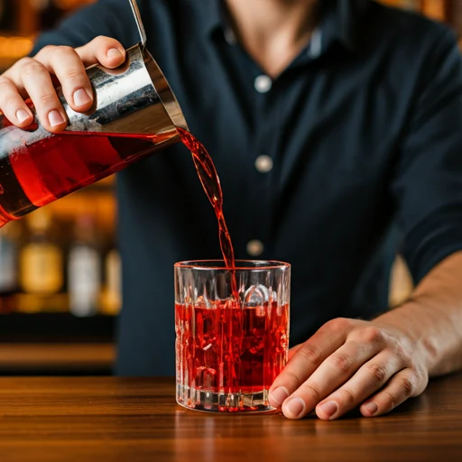 Bartender in formal attire pouring a vibrant red cocktail into a glass at an upscale bar counter, with bottles and bar tools visible in the refined establishment setting.