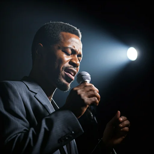 Close up of a jazz singer under a harsh spotlight