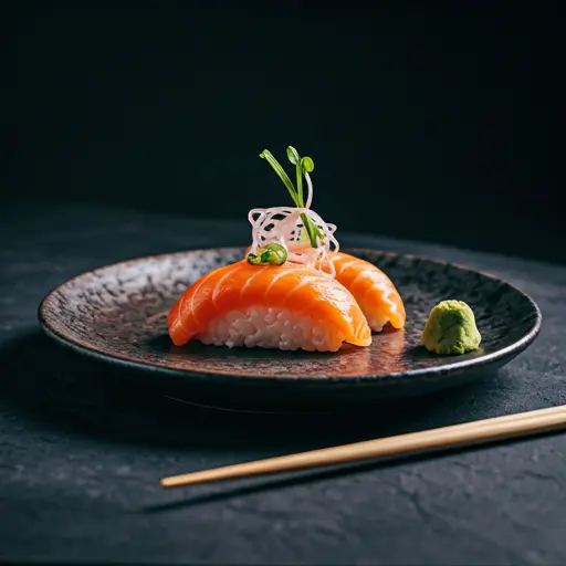 Towering artistic sushi plating on dark ceramic